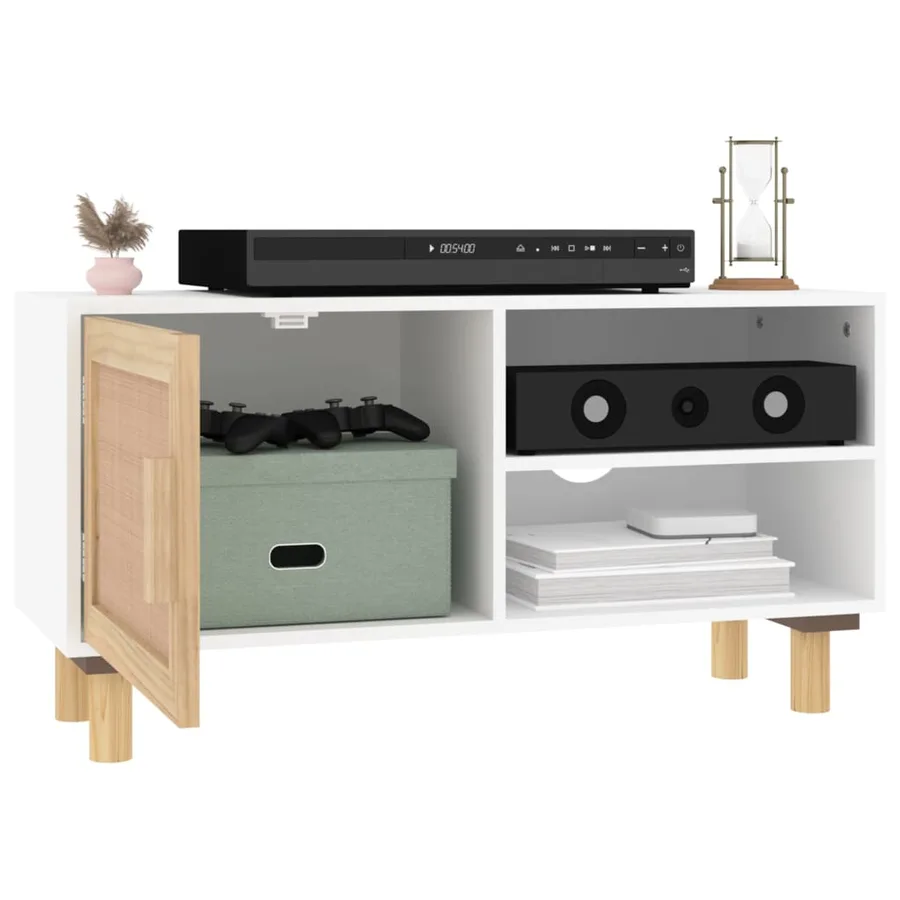 Meuble TV Blanc 80x30x40 cm Bois de pin massif et rotin naturel - 3