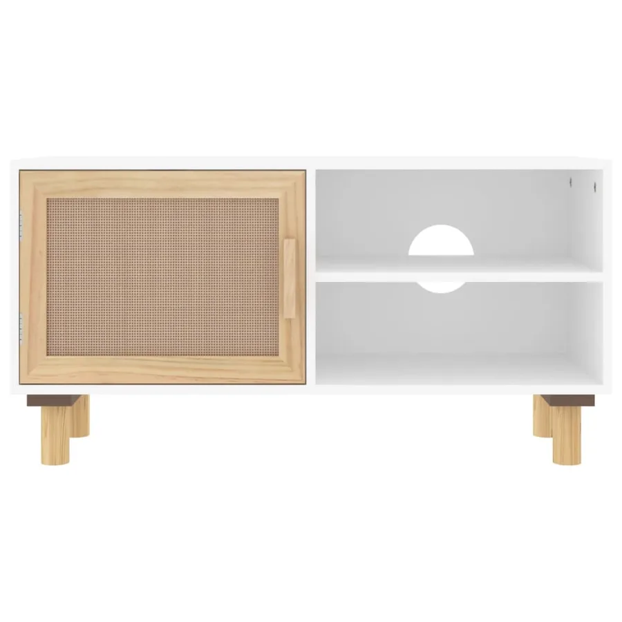 Meuble TV Blanc 80x30x40 cm Bois de pin massif et rotin naturel - 4