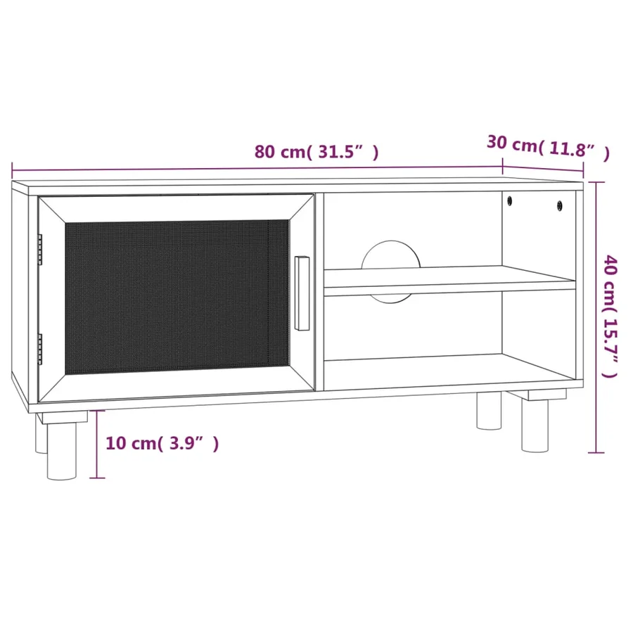 Meuble TV Blanc 80x30x40 cm Bois de pin massif et rotin naturel - 8