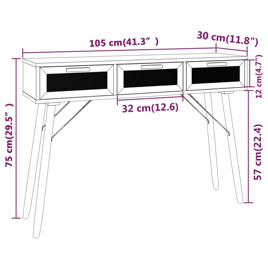 Table console Noir 105x30x75 cm Bois massif pin /rotin naturel - 6