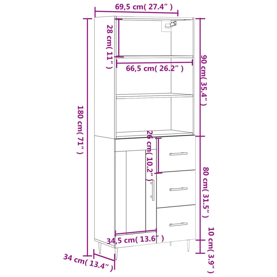 Buffet haut Gris béton 69,5x34x180 cm Bois d'ingénierie - 14