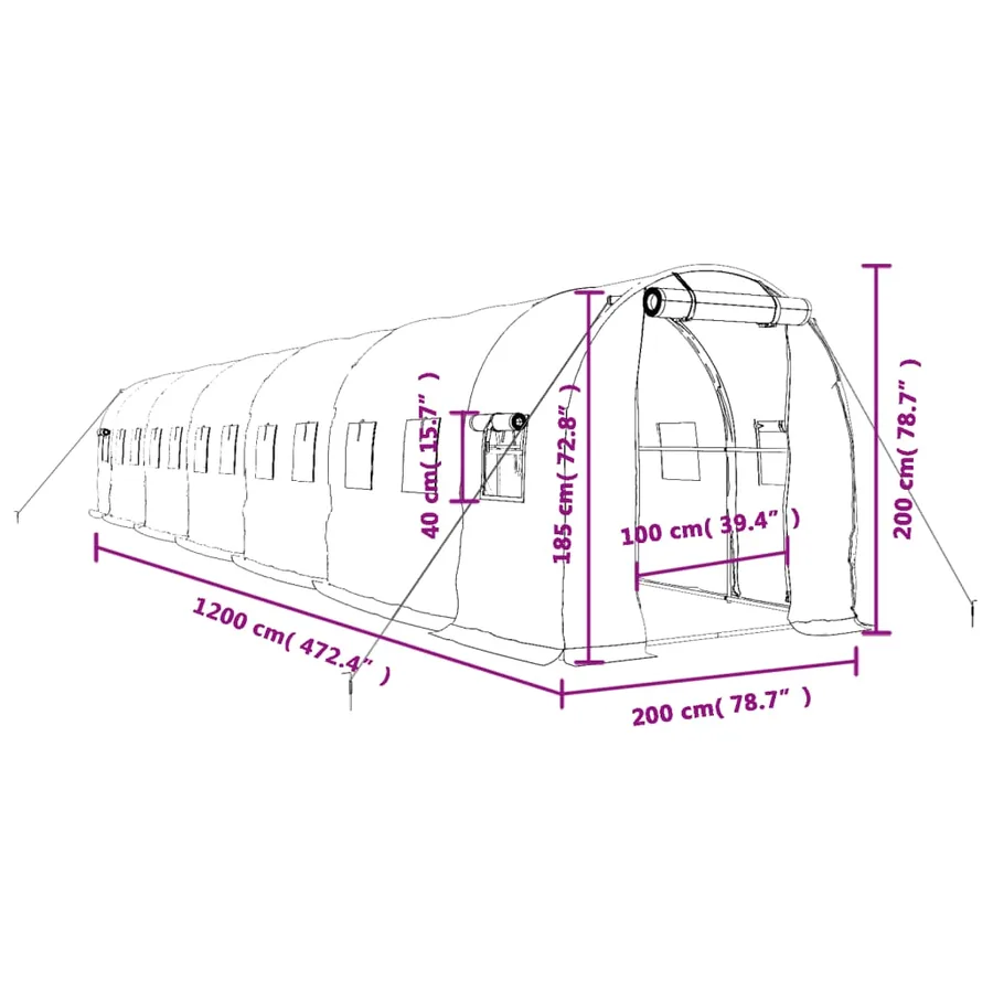 Serre avec cadre en acier blanc 24 m² 12x2x2 m - 12
