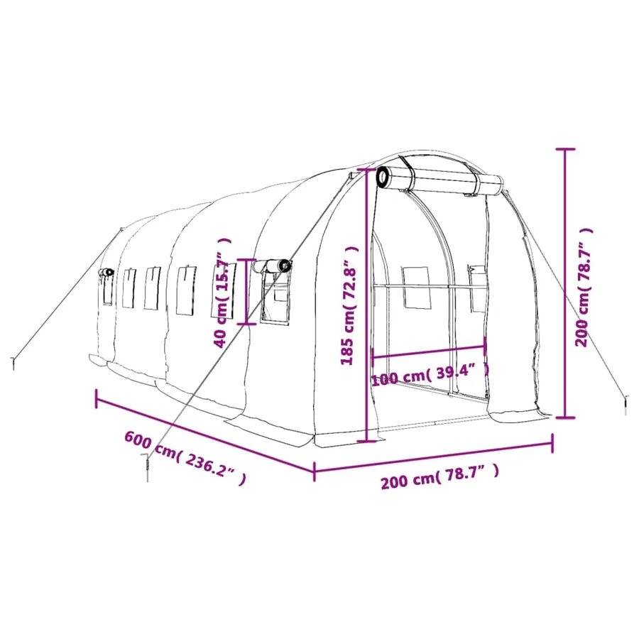 Serre avec cadre en acier vert 12 m² 6x2x2 m - 12