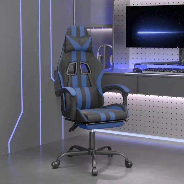 Chaise de jeu avec repose-pied Noir et bleu Similicuir