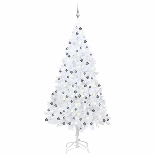Arbre de Noël artificiel pré-éclairé et boules blanc 210 cm PVC