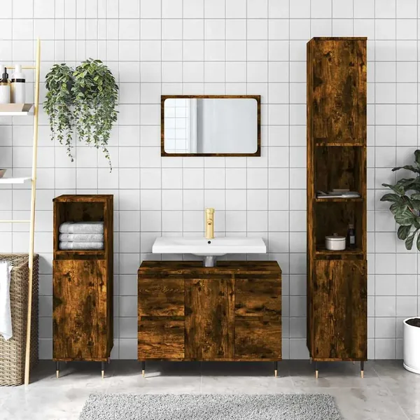 Armoire salle de bain chêne fumé 80x33x60cm bois d'ingénierie