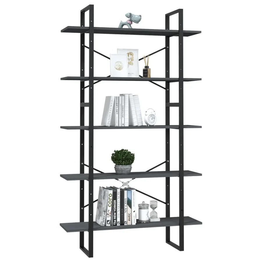 Bibliothèque à 5 niveaux Gris 100x30x175 cm Bois de pin - 3
