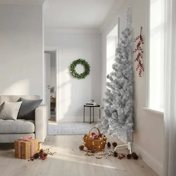 Demi sapin de Noël artificiel avec support argenté 240 cm PET