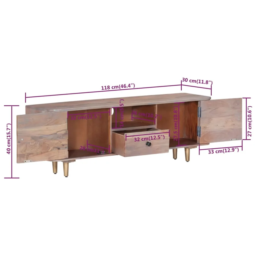 Meuble TV 118x30x40 cm Bois d'acacia massif - 9