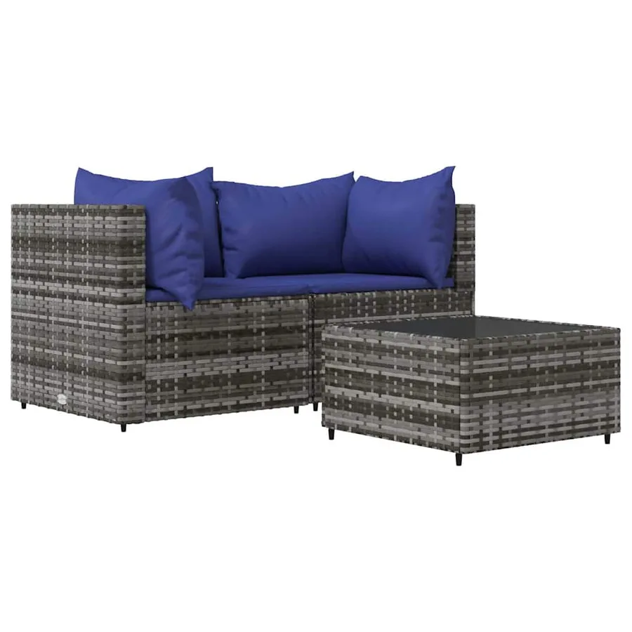 Salon de jardin 3 pcs avec coussins Gris Résine tressée - 2