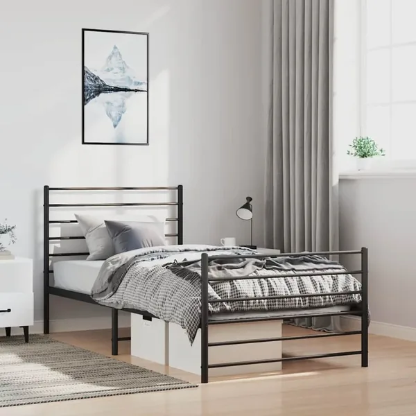 Cadre de lit métal sans matelas et pied de lit noir 100x200 cm