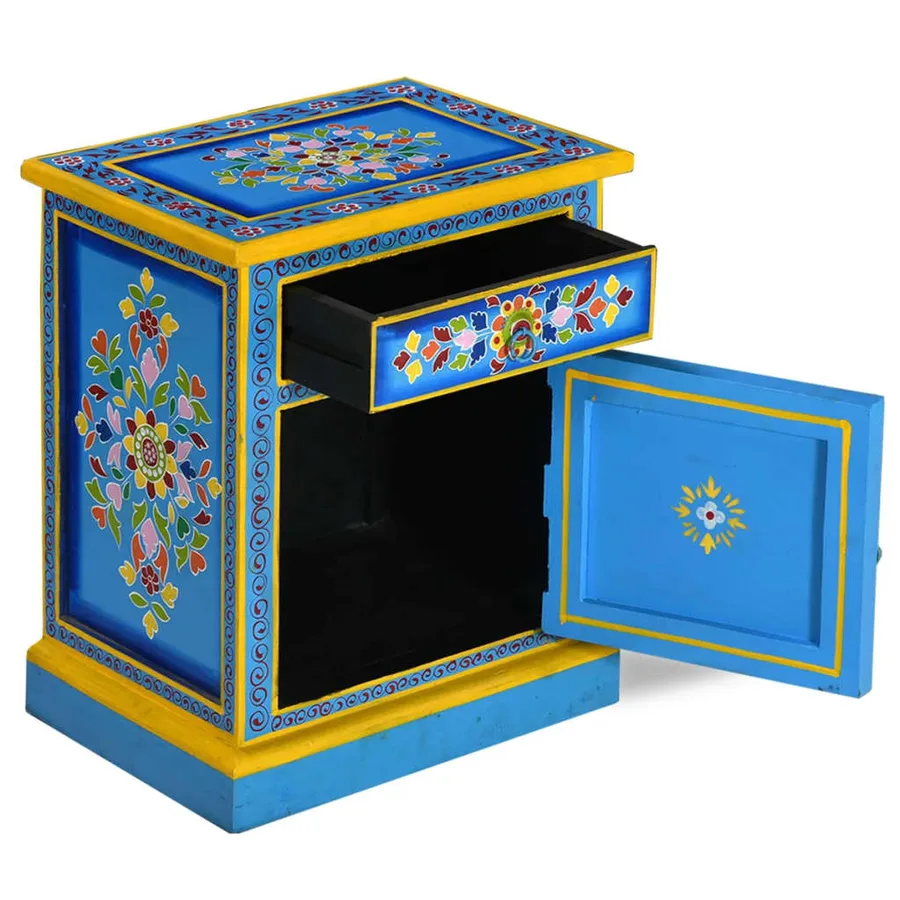 Table de chevet Bois de manguier Turquoise Peinture à la main - 2