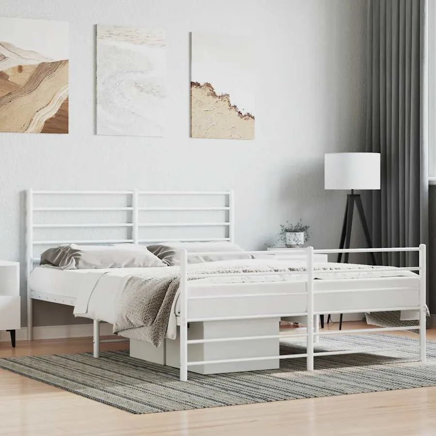 Cadre de lit métal sans matelas et pied de lit blanc 140x200 cm