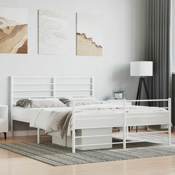 Cadre de lit métal sans matelas et pied de lit blanc 140x200 cm