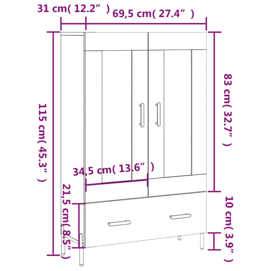Buffet haut blanc brillant 69,5x31x115 cm bois d'ingénierie - 13
