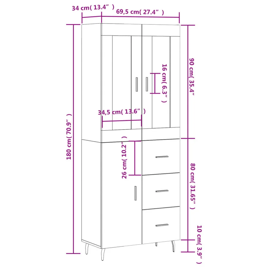 Buffet haut Sonoma gris 69,5x34x180 cm Bois d'ingénierie - 14
