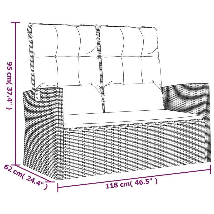 Banc de jardin inclinable et coussins gris 118cm résine tressée - 8