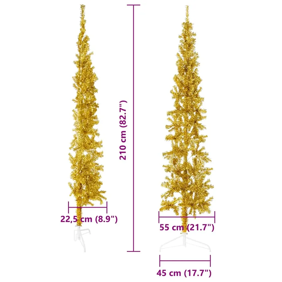 Demi sapin de Noël artificiel mince avec support Doré 210 cm - 8