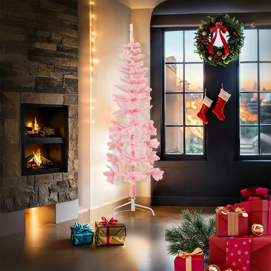 Demi sapin de Noël artificiel mince avec support Rose 180 cm - 2