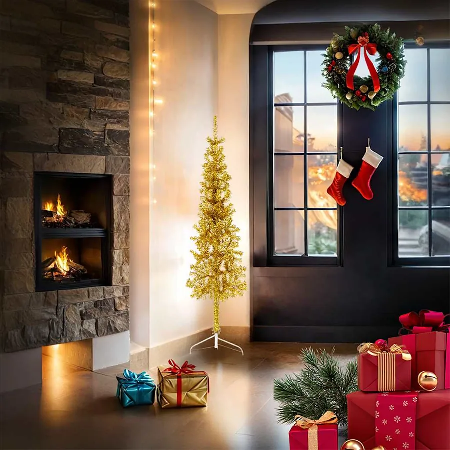 Demi sapin de Noël artificiel mince avec support Doré 150 cm - 2