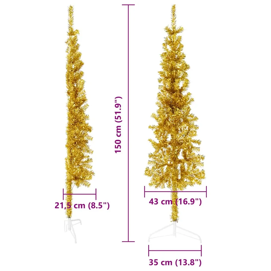 Demi sapin de Noël artificiel mince avec support Doré 150 cm - 9