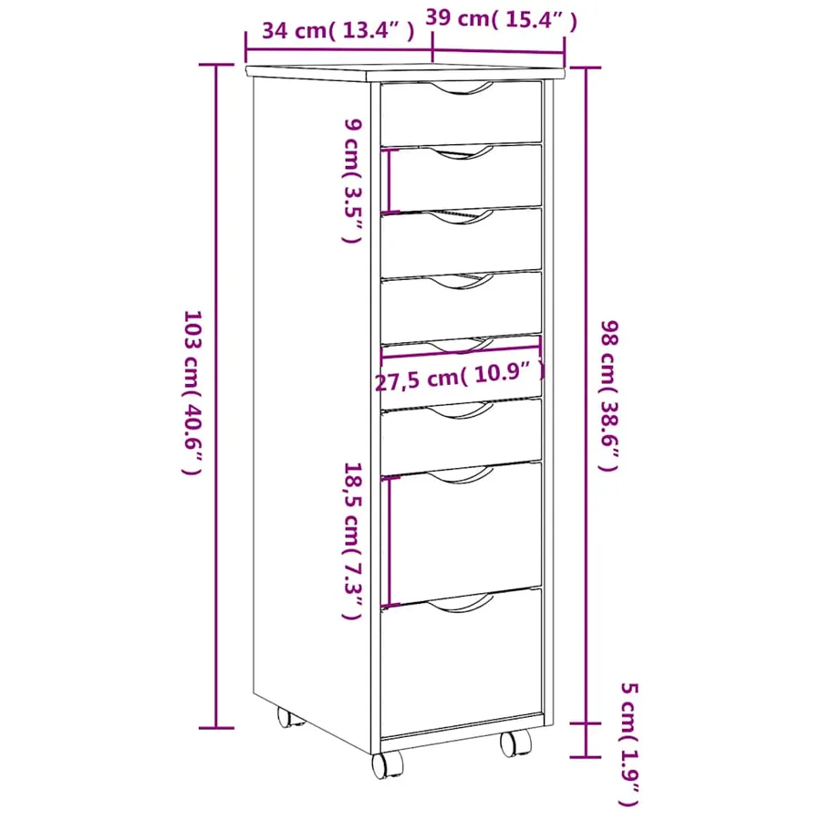 Armoire roulante avec tiroirs MOSS blanc bois de pin solide - 10