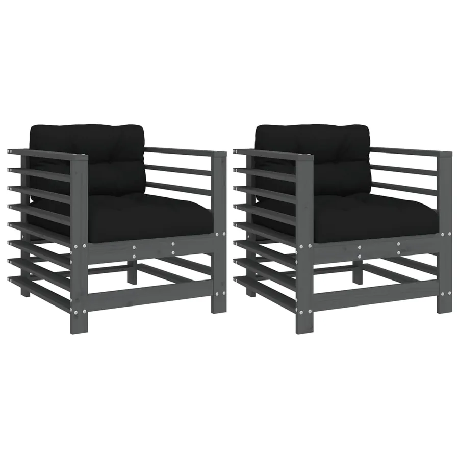 Chaises de jardin et coussins lot de 2 gris bois de pin massif - 2