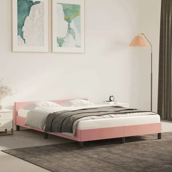 Cadre de lit et tête de lit sans matelas rose 140x190cm velours