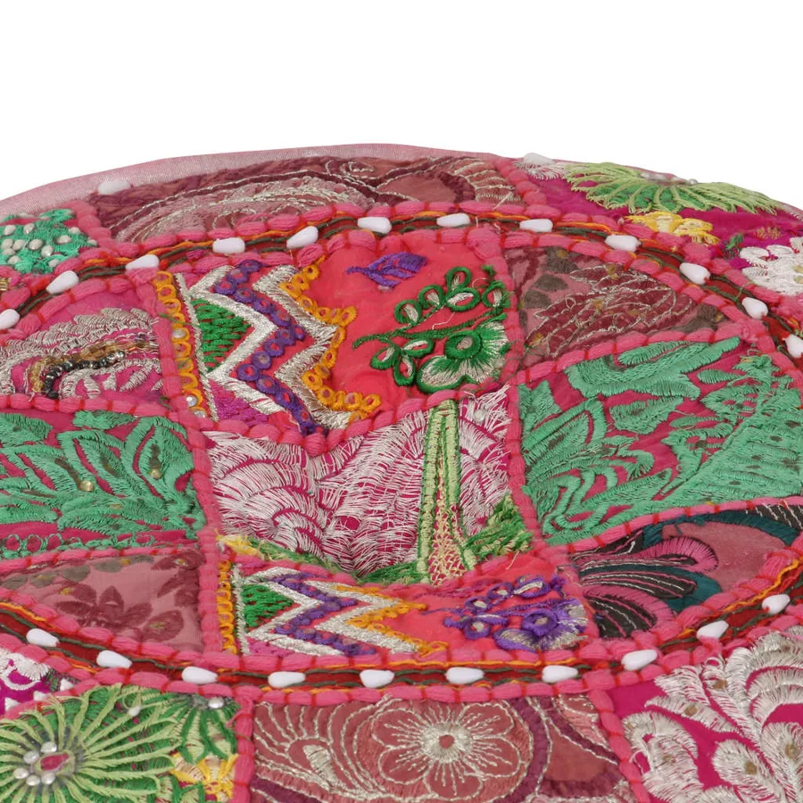Pouf rond en coton en patchwork fait à la main 40 x 20 cm Rose - 2