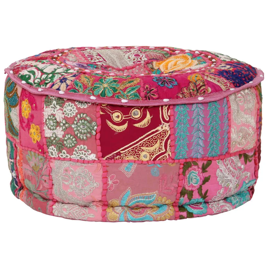 Pouf rond en coton en patchwork fait à la main 40 x 20 cm Rose - 5