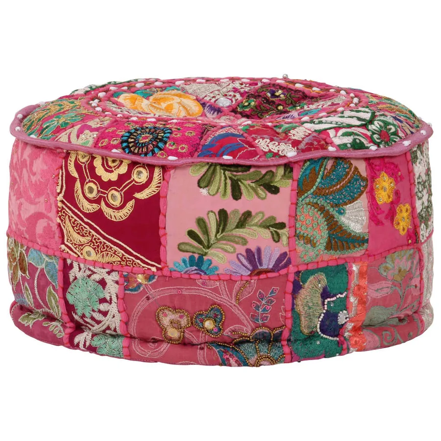 Pouf rond en coton en patchwork fait à la main 40 x 20 cm Rose - 6