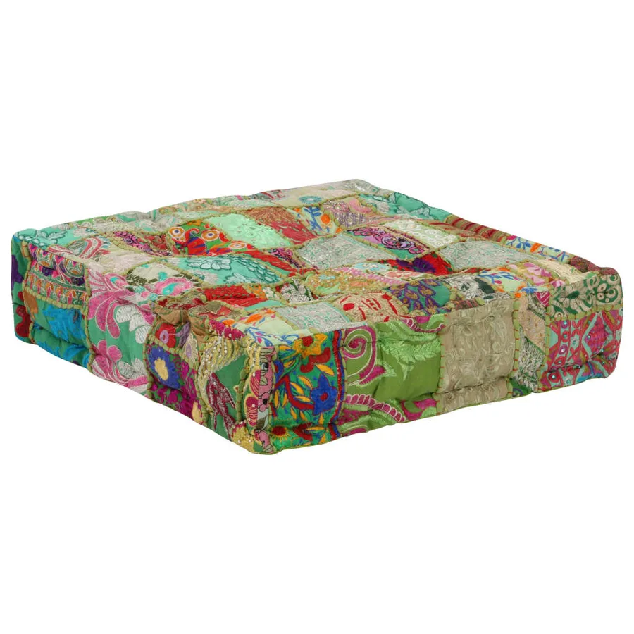 Pouf carré en coton fait à la main 50 x 50 x 12 cm Vert - 5
