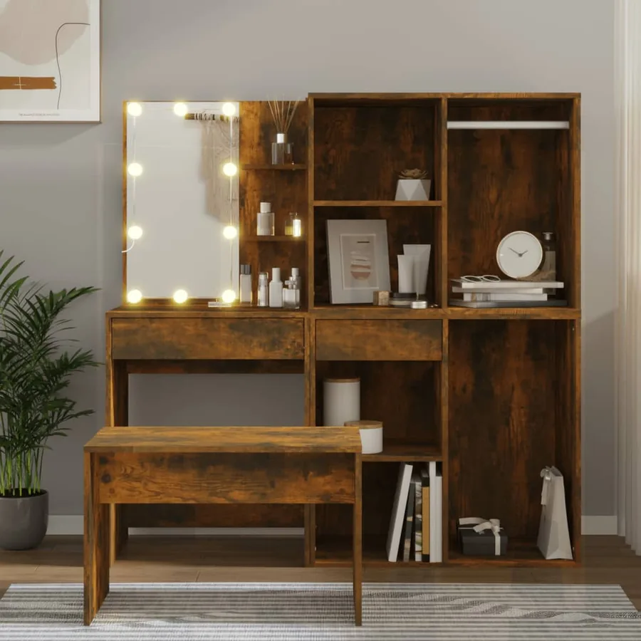 Ensemble de coiffeuse avec LED Chêne fumé Bois d'ingénierie