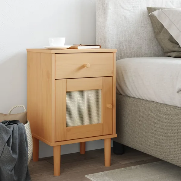 Table de chevet SENJA aspect de rotin marron bois de pin massif