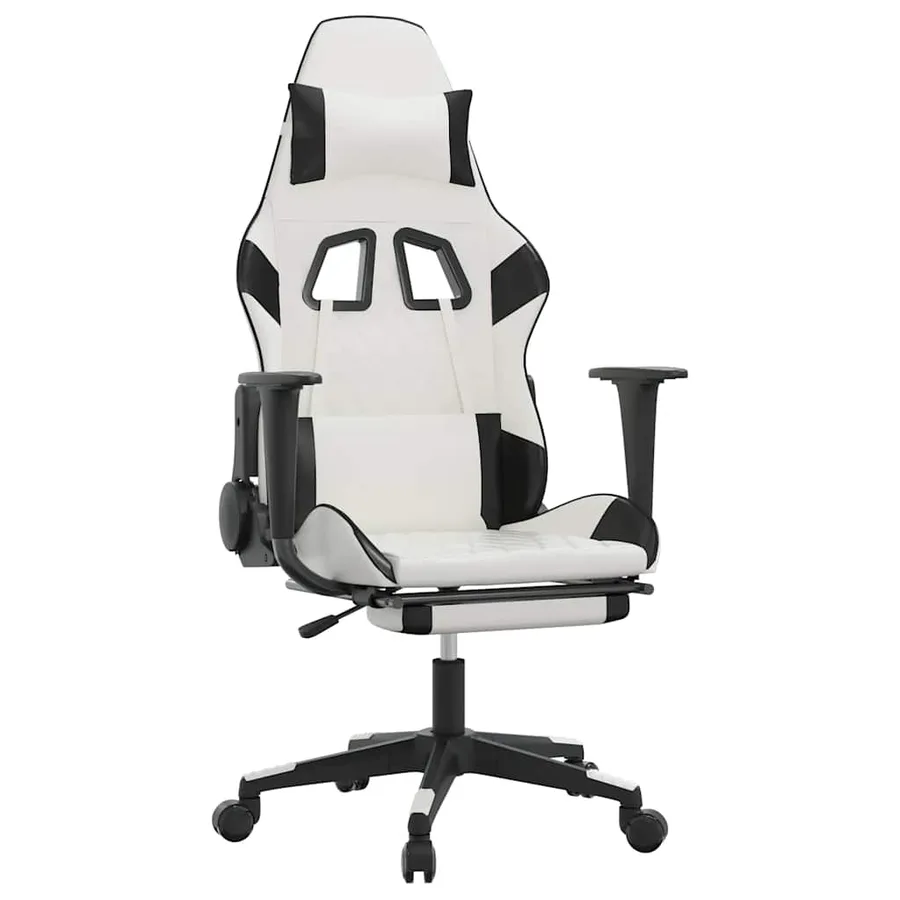 Chaise de jeu de massage avec repose-pied Blanc&Noir Similicuir - 2