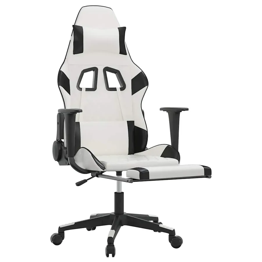 Chaise de jeu de massage avec repose-pied Blanc&Noir Similicuir - 3