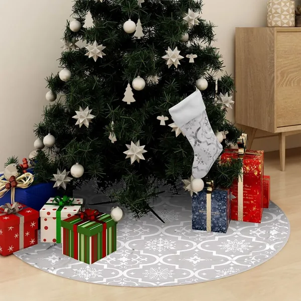 Jupe de sapin de Noël de luxe avec chaussette Blanc 122cm Tissu