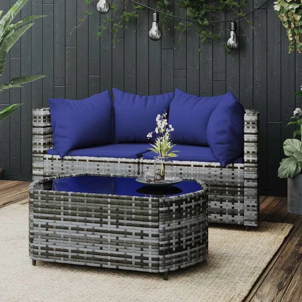 Salon de jardin 3 pcs avec coussins Gris Résine tressée