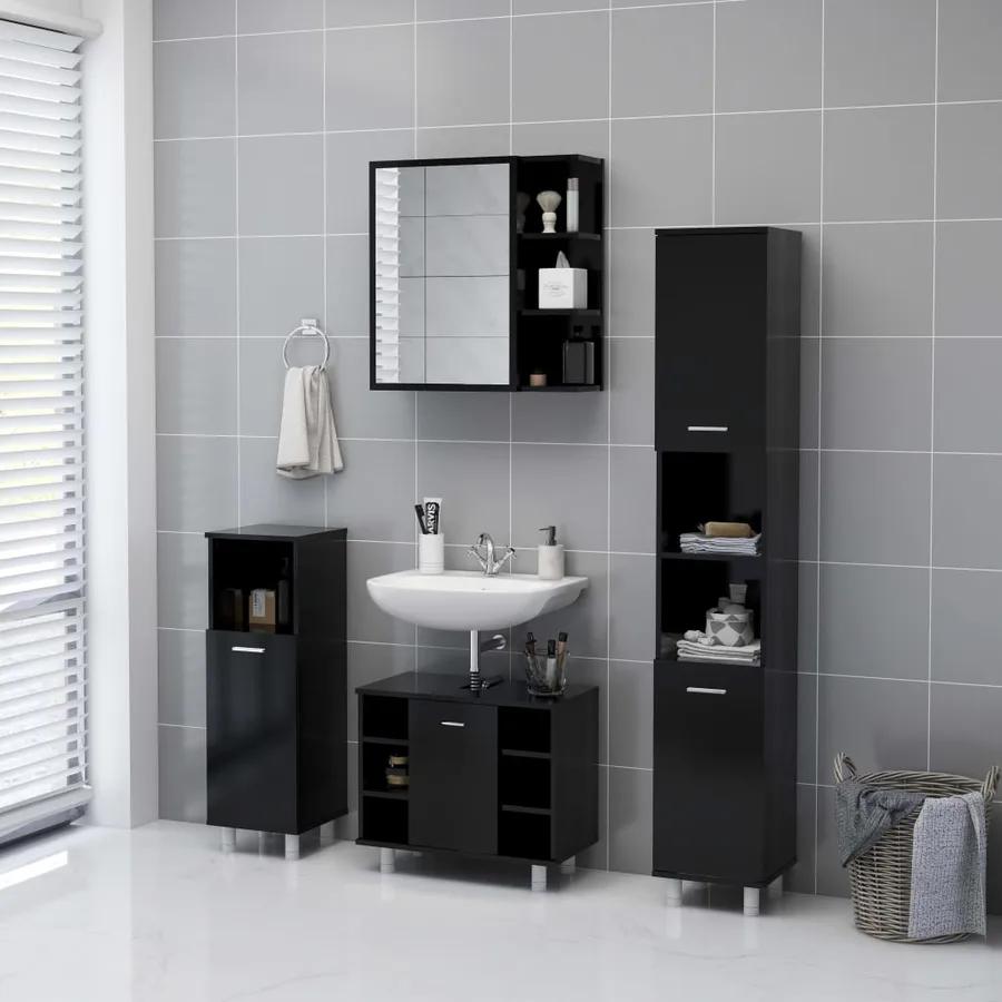 Armoire à miroir de salle de bain Noir Bois d’ingénierie - 5