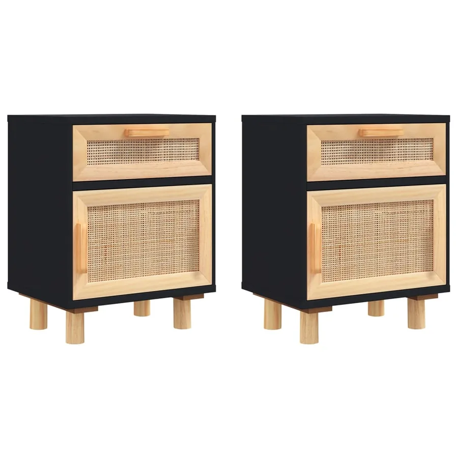 Tables de chevet 2 pcs Noir Bois de pin massif et rotin naturel - 2