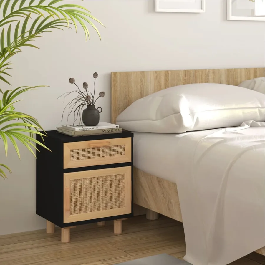 Tables de chevet 2 pcs Noir Bois de pin massif et rotin naturel - 3