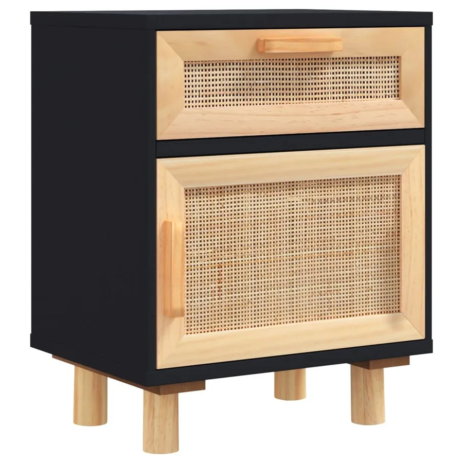 Tables de chevet 2 pcs Noir Bois de pin massif et rotin naturel - 4