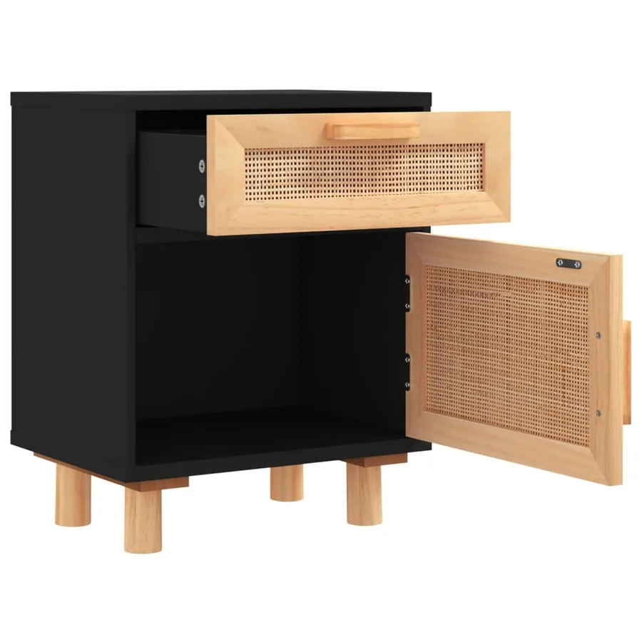 Tables de chevet 2 pcs Noir Bois de pin massif et rotin naturel - 6