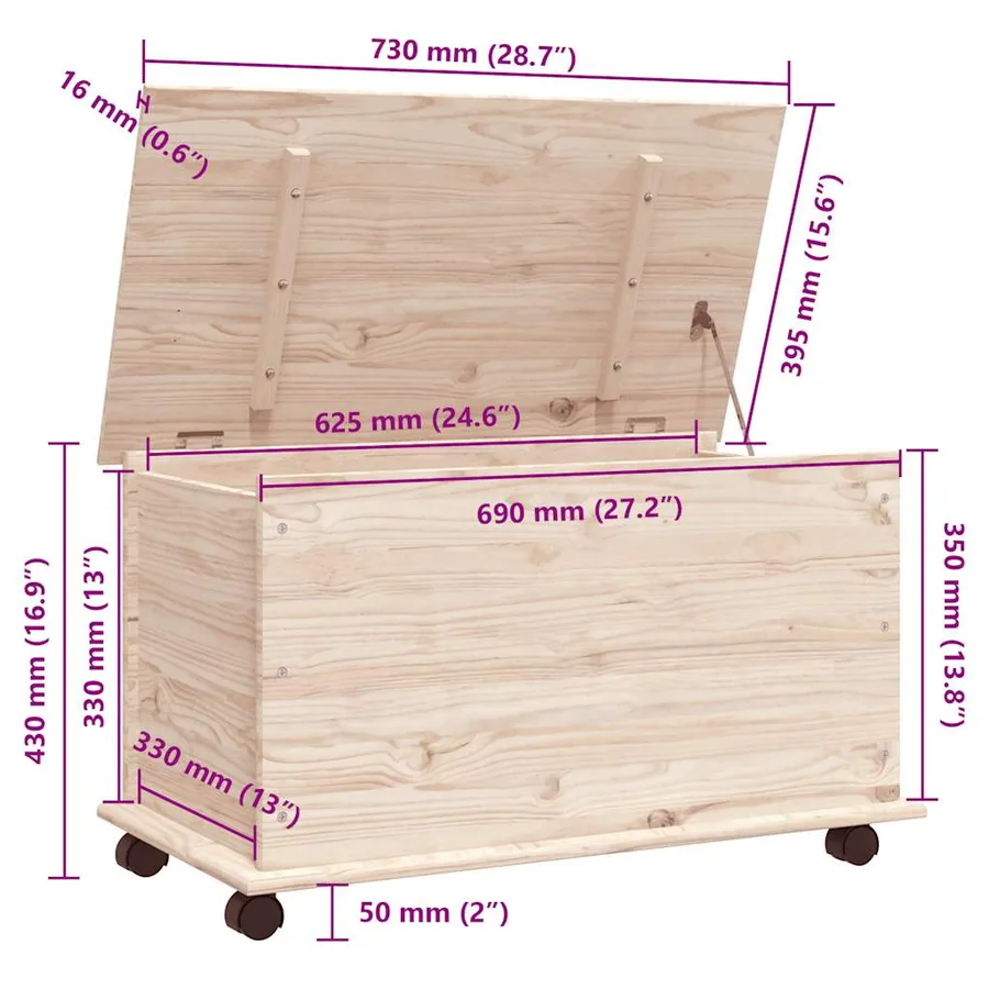 Coffre de rangement à roulettes ALTA 73x39,5x43 cm bois de pin - 10