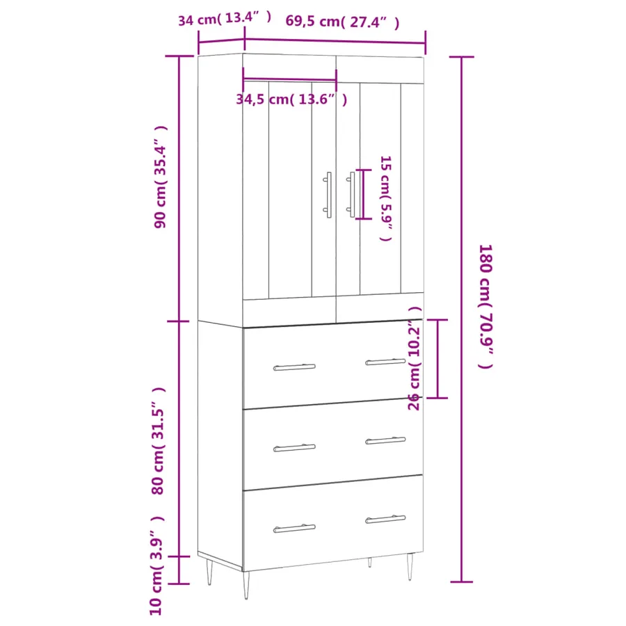 Buffet haut Gris béton 69,5x34x180 cm Bois d'ingénierie - 14