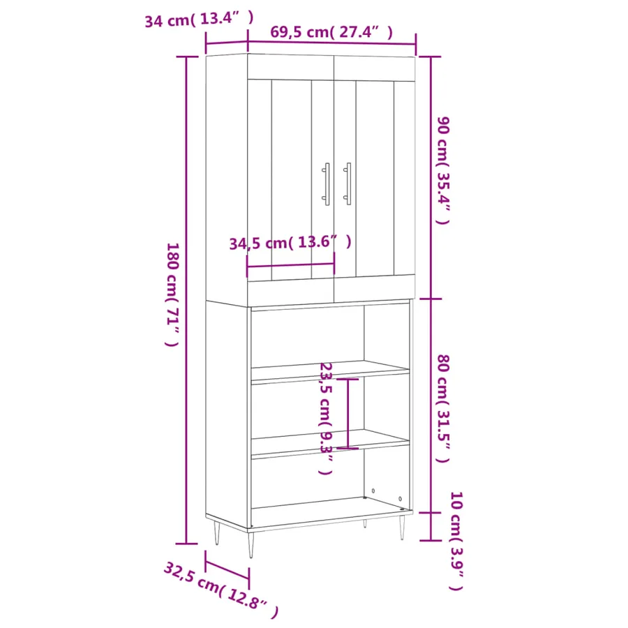 Buffet haut Gris béton 69,5x34x180 cm Bois d'ingénierie - 13