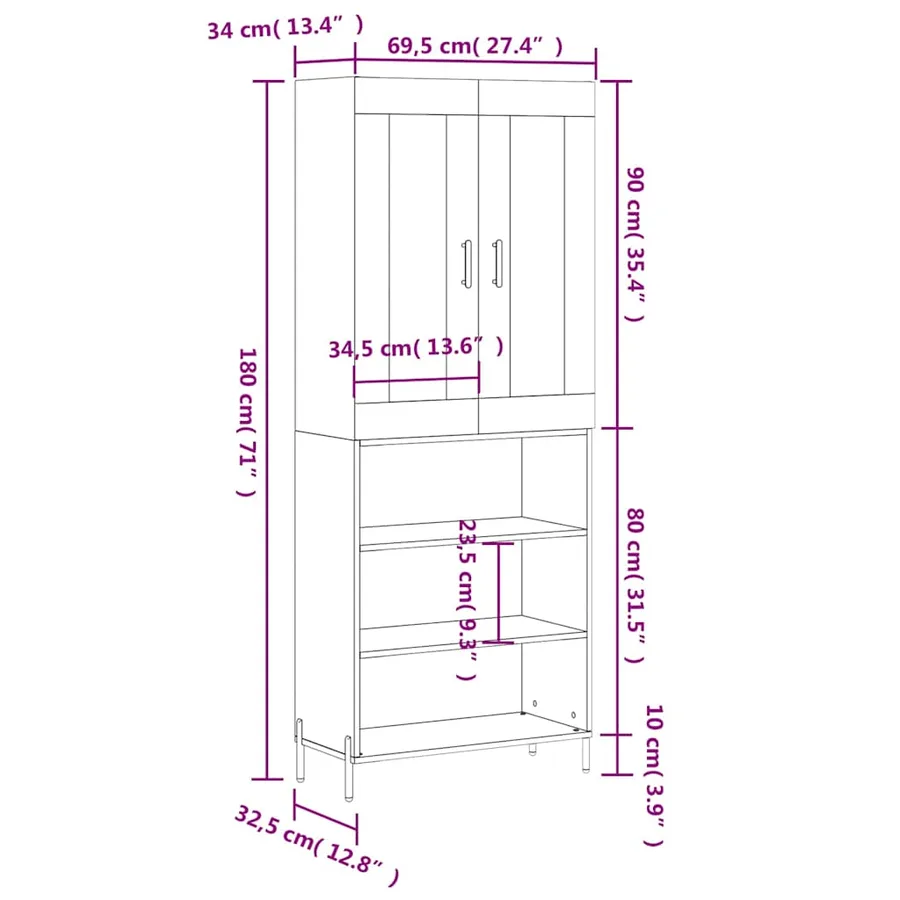 Buffet haut Blanc 69,5x34x180 cm Bois d'ingénierie - 13