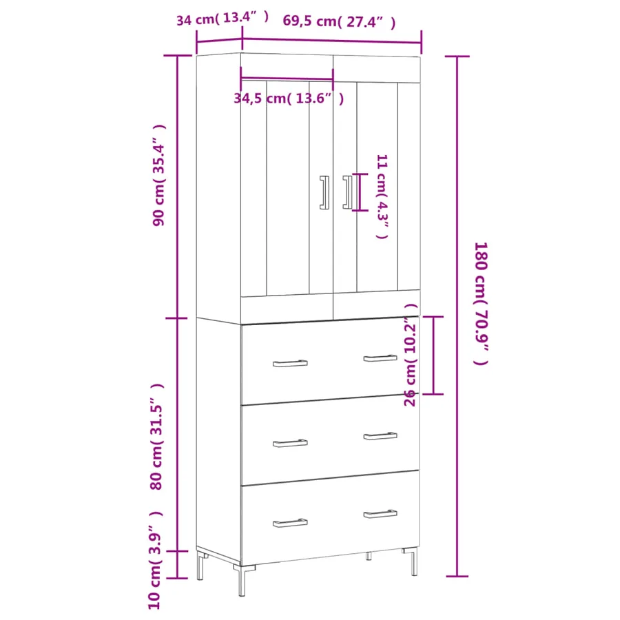 Buffet haut Gris béton 69,5x34x180 cm Bois d'ingénierie - 14