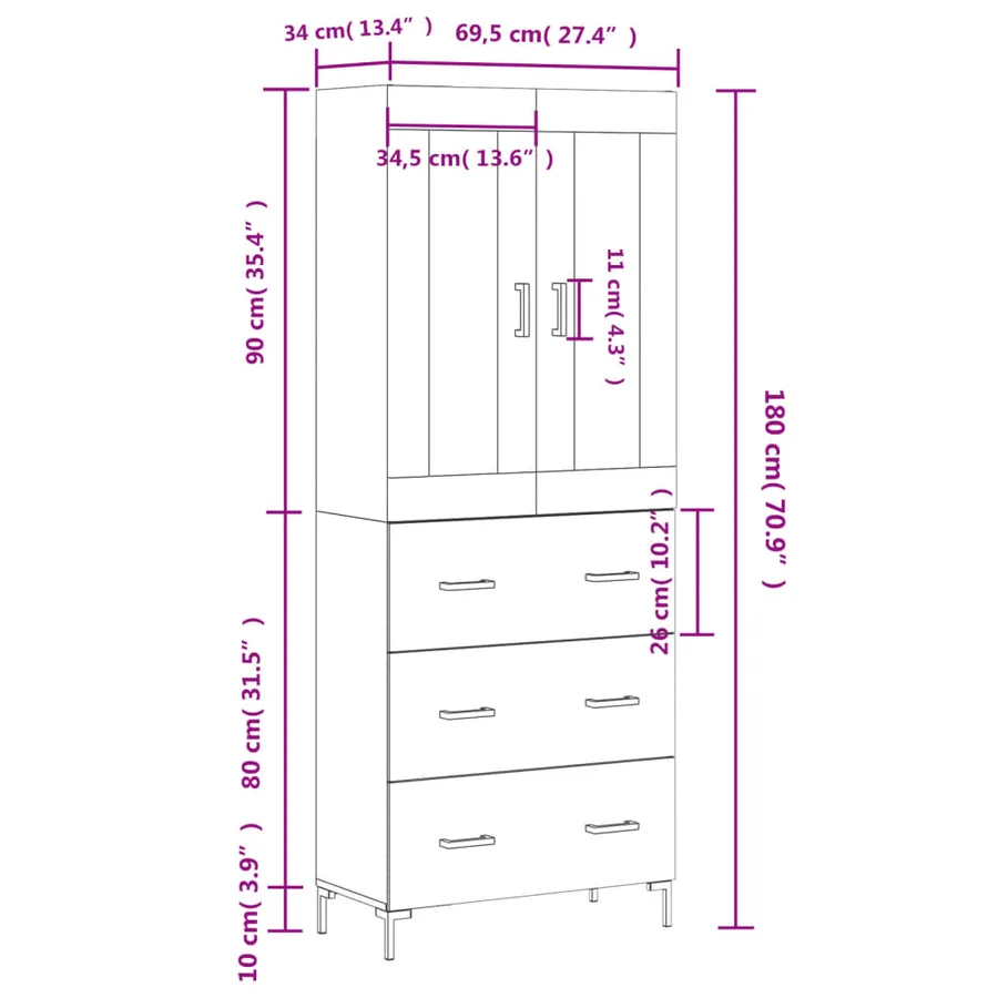 Buffet haut Sonoma gris 69,5x34x180 cm Bois d'ingénierie - 14