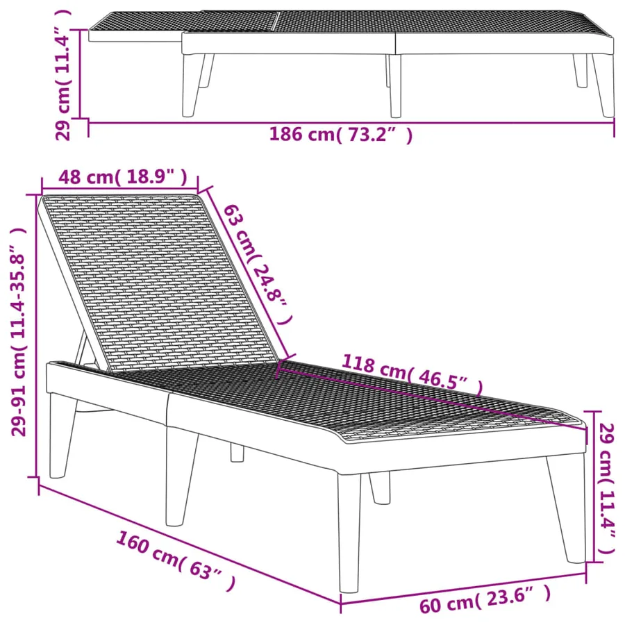 Chaise longue anthracite 186x60x29 cm PP - 10